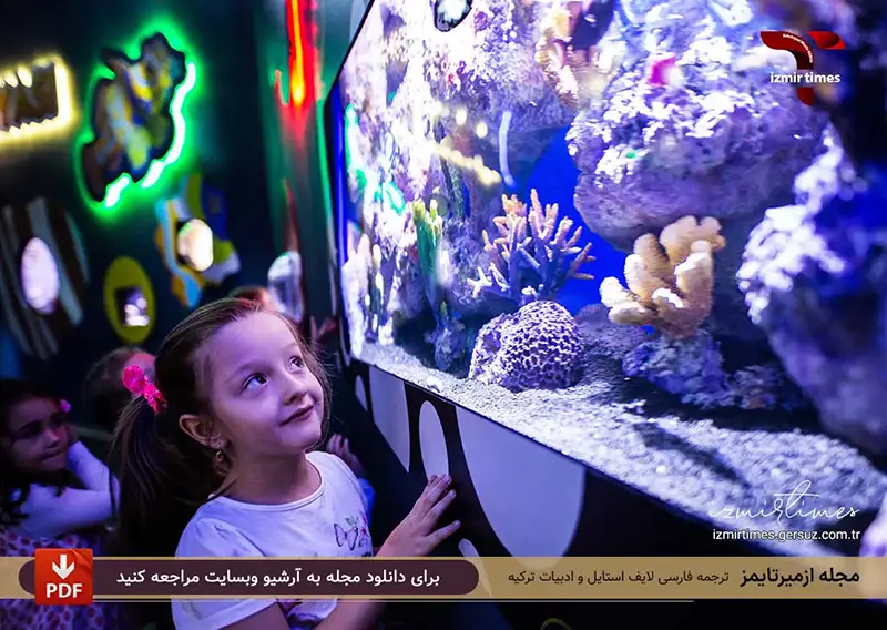 دحتر بچه در حال تماشای آکواریوم ازمیر